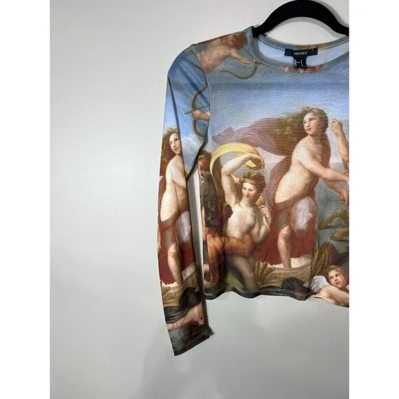 Forever 21 Ladies Crop Sheer Top Stretchy Renaissance Painting Long Sleeve Small - Picture 4 of 9